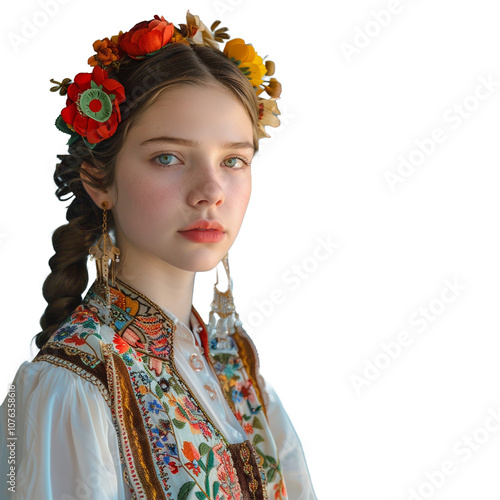 Young woman with floral wreath wearing traditional Ukrainian clothing on transparent background
