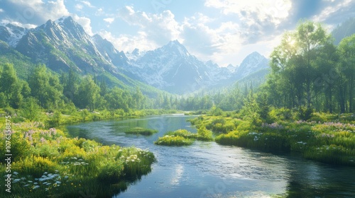 A River Meandering Through a Lush Valley, Framed by Majestic Snow-Capped Mountains