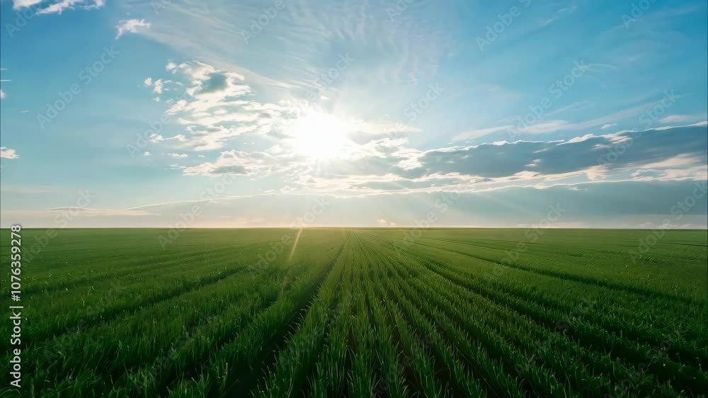 A vast green field stretches under a bright sky with clouds and sun rays illuminating the landscape. A vast green field stretches under a bright sky with clouds and sun rays illuminating the landscape.