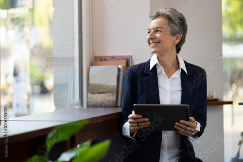 Smiling businesswoman with digital computer standing by window in office photo