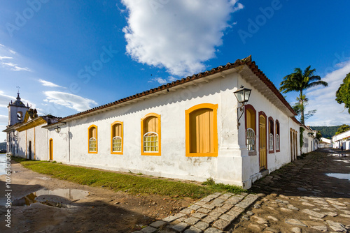 Church and street in the famous tourist town of Paraty. Paraty Colonial Historic Center, Rio de Janeiro, Brazil. World Heritage Site