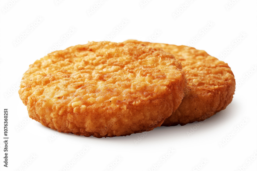 Chicken patties or fish cakes fried in breadcrumbs . isolated on white background