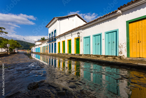 Street of historical center in Paraty, Rio de Janeiro, Brazil. Paraty is a preserved Portuguese colonial and Brazilian Imperial municipality, world heritage site