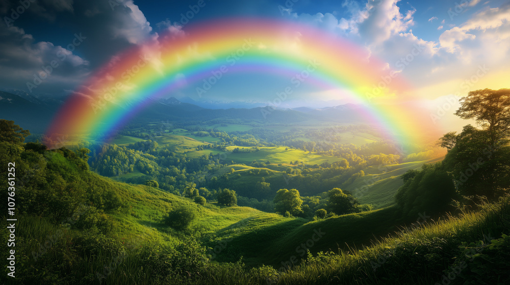 Obraz premium Tęcza majestatycznie wznosi się nad zieloną doliną, jej barwy kontrastują z bujnym krajobrazem i tworzą symbol nadziei oraz odnowy.