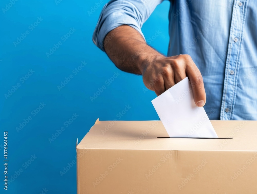 In a moment filled with civic pride, a man places his ballot into a voting box, symbolizing active participation in democracy against a striking blue wall. In a moment filled with civic pride, a man places his ballot into a voting box, symbolizing active participation in democracy against a striking blue wall.