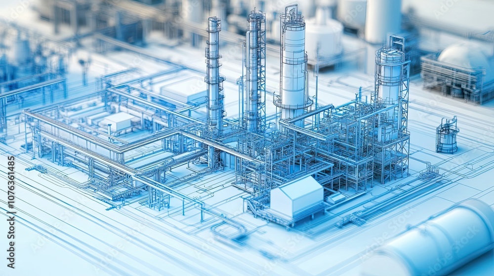 Wireframe Model of an Industrial Complex with Pipes and Tanks Wireframe Model of an Industrial Complex with Pipes and Tanks
