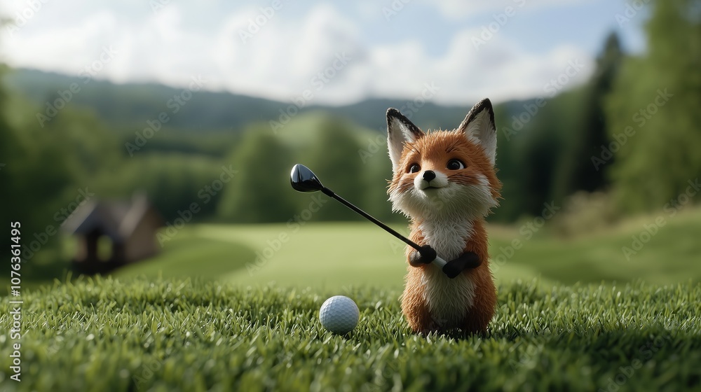 Fototapeta premium Playful Fox Enjoying a Day on the Golf Course
