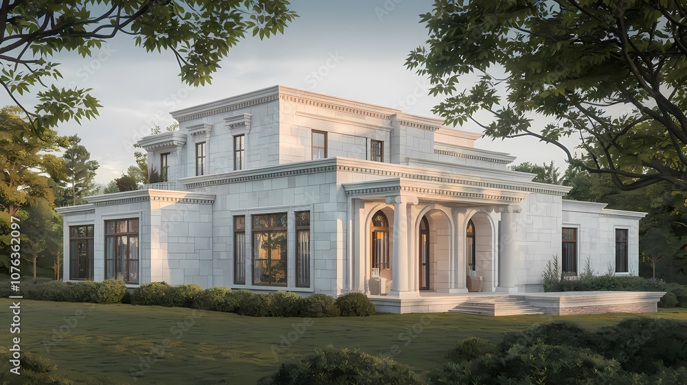 Obraz premium Elegant modern mansion showcasing marble architecture, large windows, and lush greenery in the surrounding landscape, ideal for upscale living and sophisticated design.