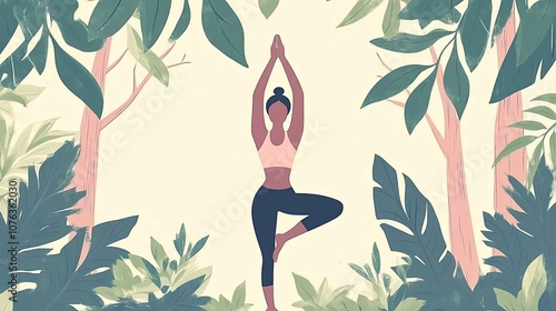 Illustrazione di una donna che fa yoga circondata da foglie di alberi. Concetto di benessere tra sport e natura