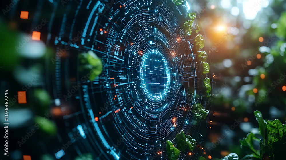 Obraz premium futuristic food sensor technology system integrated into smart plants, showcasing digital elements and greenery. image conveys innovation and sustainability