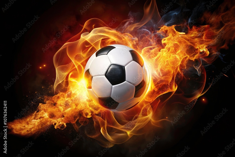 Naklejka premium Fiery Soccer Ball Silhouette - Intense Sports Passion, Soccer Excitement, Dynamic Energy, Flames, Team Spirit, Athletic Competition, Sports Enthusiasm, Action-Packed, Soccer Culture, Fan Engagement