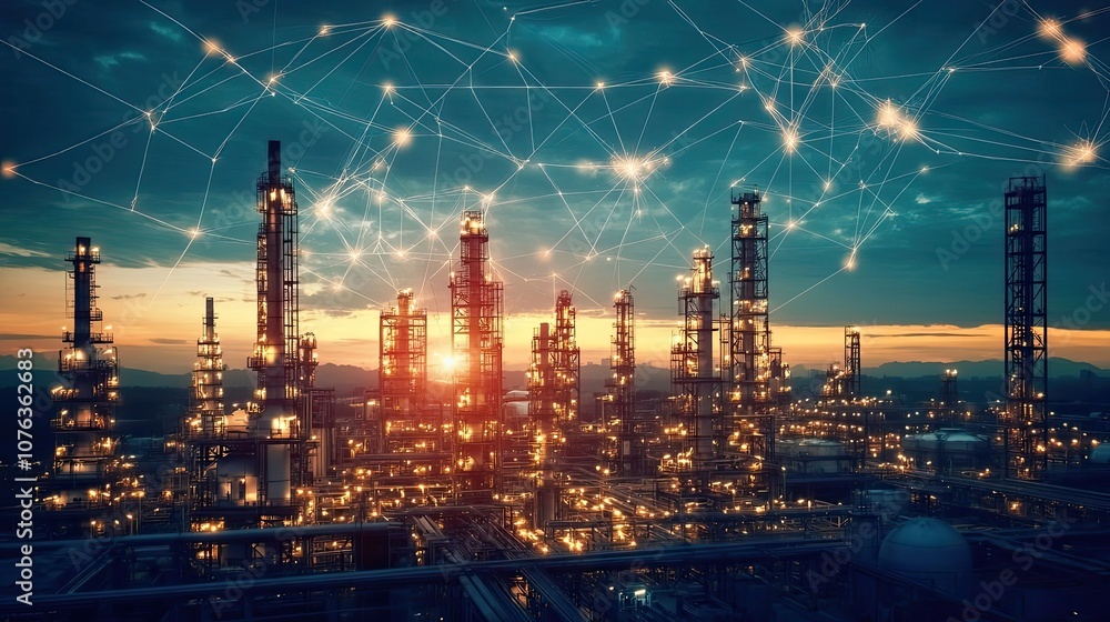 Fototapeta premium Illuminated Industrial Complex with Network Connections at Sunset