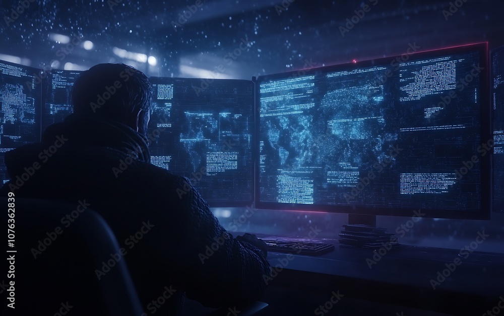 A lone figure sits in front of multiple glowing monitors, immersed in a digital world filled with data and futuristic visuals. A lone figure sits in front of multiple glowing monitors, immersed in a digital world filled with data and futuristic visuals.