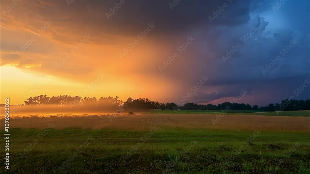 A dramatic landscape featuring a split sky with vibrant sunset colors on one side and dark storm clouds on the other. A dramatic landscape featuring a split sky with vibrant sunset colors on one side and dark storm clouds on the other.