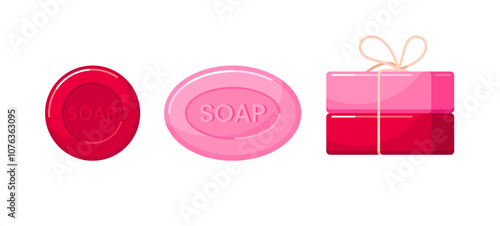 Red soap bar pieces. Romantic gift on Valentine day for bath, shower and spa. Body and hand solid soap with wine, scent of roses, strawberry or watermelon, vector flat cartoon illustrations