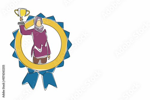 Single one line drawing Arabian woman holding trophy. A triumph of diversity and the potential of women in all areas of life. Employee Appreciation Day. Continuous line design graphic illustration