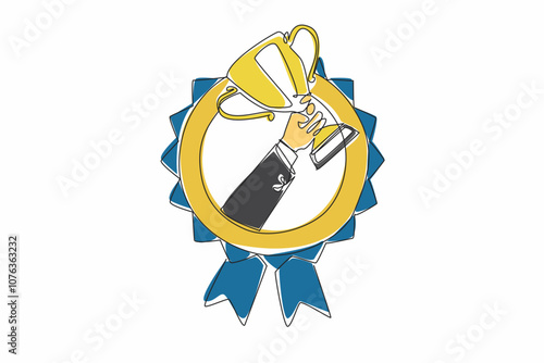 Single continuous line drawing a hand holding a trophy. A brilliant career. Full of awards. Achievement for exceptional performance. Employee Appreciation Day. One line design vector illustration