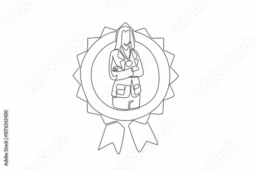 Single continuous line drawing woman in blazer crosses arm on chest while medal around neck. The representation of women's capabilities. Employee Appreciation Day. One line design vector illustration