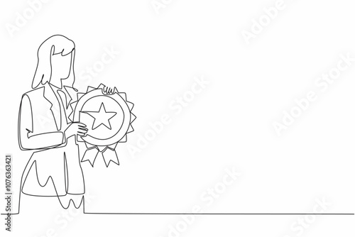 Single one line drawing woman in blazer hold medal emblem. The potential of women in leadership roles. Achievement. Empowerment. Employee Appreciation Day. Continuous line design graphic illustration