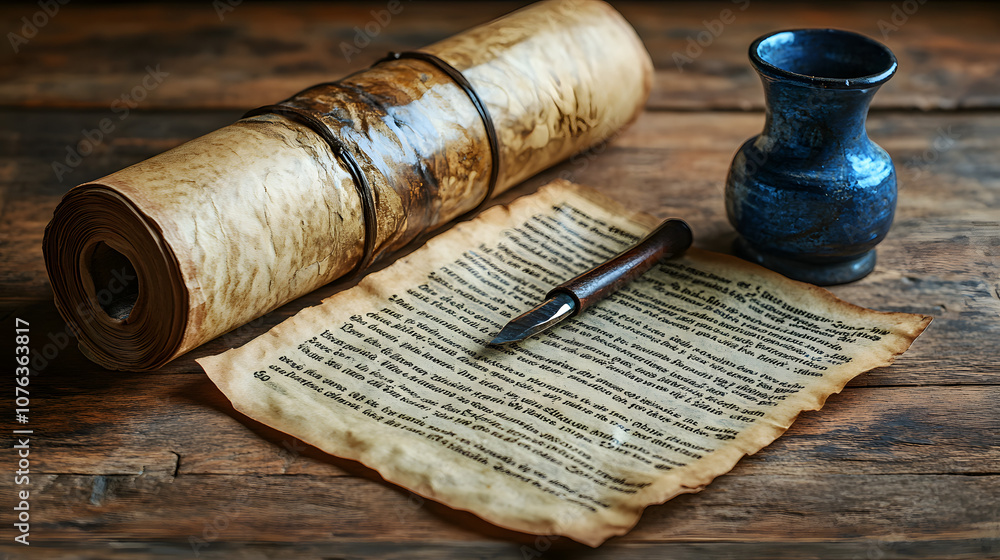 A rolled-up parchment on an old wooden table, with ink and quill, evoking a sense of ancient writing
A rolled-up parchment on an old wooden table, with ink and quill, evoking a sense of ancient writing