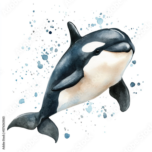cute Orca watercolor clipart illustration isolated
