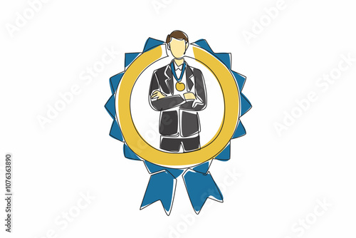 Single one line drawing man in suit and tie crossed arm on chest while medal around neck. Achieve remarkable success. Level up. Employee Appreciation Day. Continuous line design graphic illustration