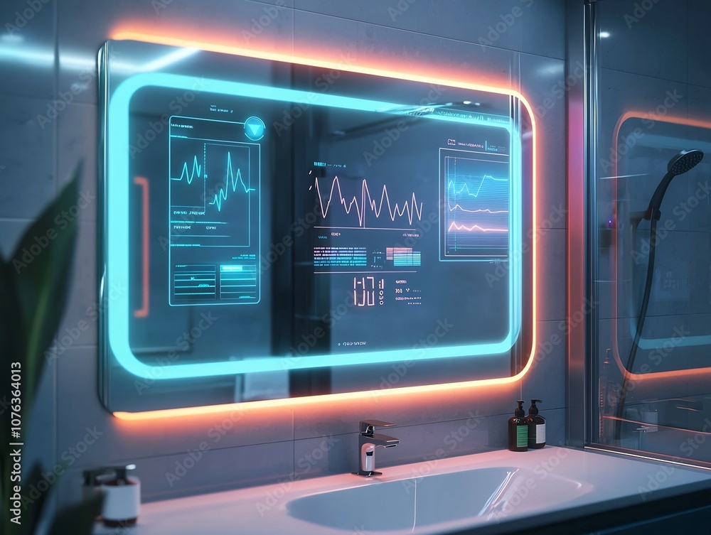 Glowing Smart Mirror in Bathroom Displaying Real Time Health Data Skincare Routines and Weather Updates Glowing Smart Mirror in Bathroom Displaying Real Time Health Data Skincare Routines and Weather Updates
