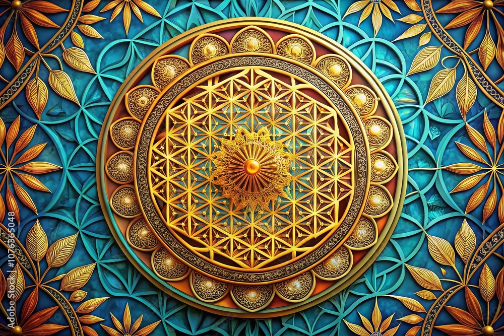 Aerial Photography of a Golden Flower of Life Mandala Symbol in an Esoteric Circular Design, Showcasing Intricate Patterns and Elegant Round Silhouettes from Above