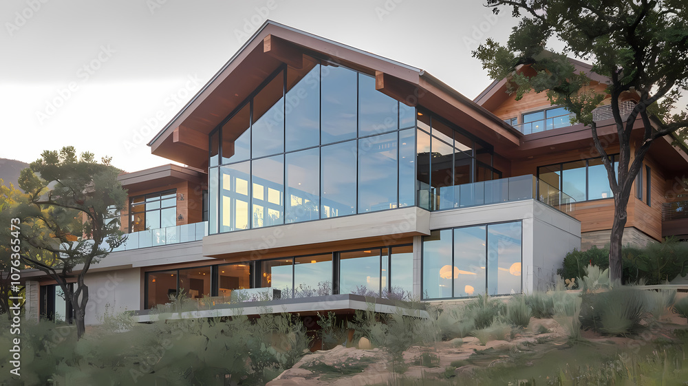 Modern wooden house with large glass windows, surrounded by greenery, showcasing stunning architecture and natural light in a serene outdoor setting. Ideal for architectural design inspiration. Modern wooden house with large glass windows, surrounded by greenery, showcasing stunning architecture and natural light in a serene outdoor setting. Ideal for architectural design inspiration.