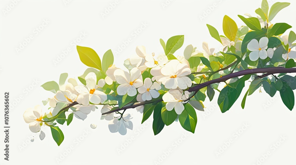 Obraz premium White Blossoms and Green Leaves on a Branch Against a White Background