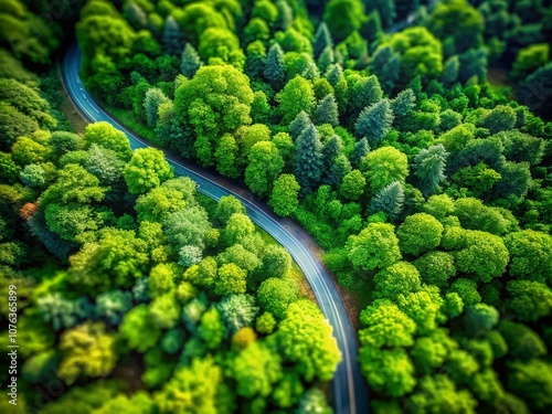 Aerial Tilt-Shift View of Lush Green Forest with Winding Road Cutting Through Dense Foliage in Summer, Capturing Nature's Beauty from Above in a Unique Perspective