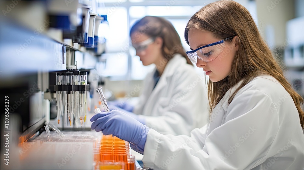 Female Scientist in Lab Coat Working with Test Tubes and Pipettes Female Scientist in Lab Coat Working with Test Tubes and Pipettes