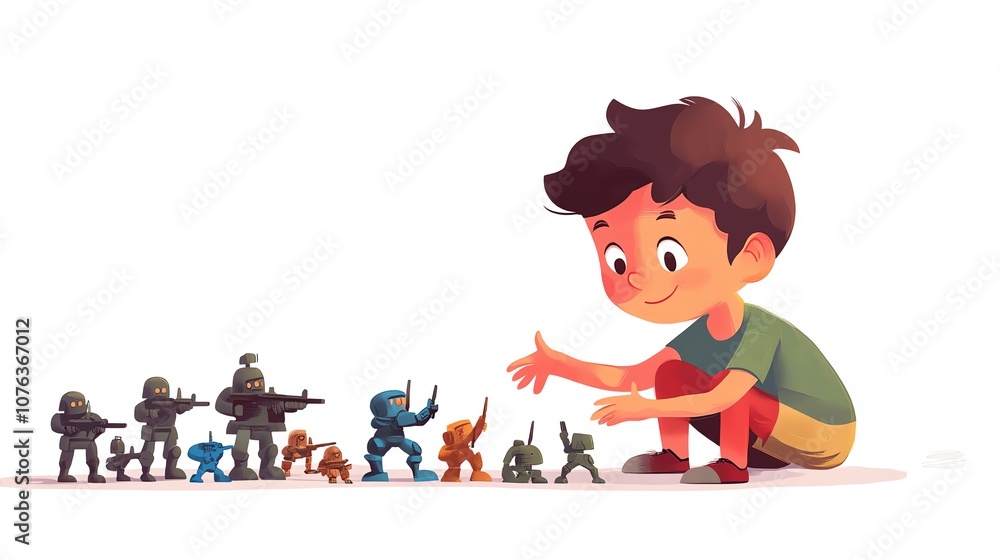 a 2D cartoon illustration of a boy playing with action figures, heroic and adventurous, white background--ar 16:9 a 2D cartoon illustration of a boy playing with action figures, heroic and adventurous, white background--ar 16:9