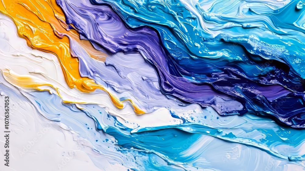 Abstract painting with swirls of yellow, blue, purple, and white paint. Abstract painting with swirls of yellow, blue, purple, and white paint.