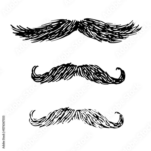 Vector set of stylish mustache illustrations, featuring classic and handlebar styles. Black and white sketches capture vintage charm, for barbershop branding, grooming themes, or gentlemanly decor