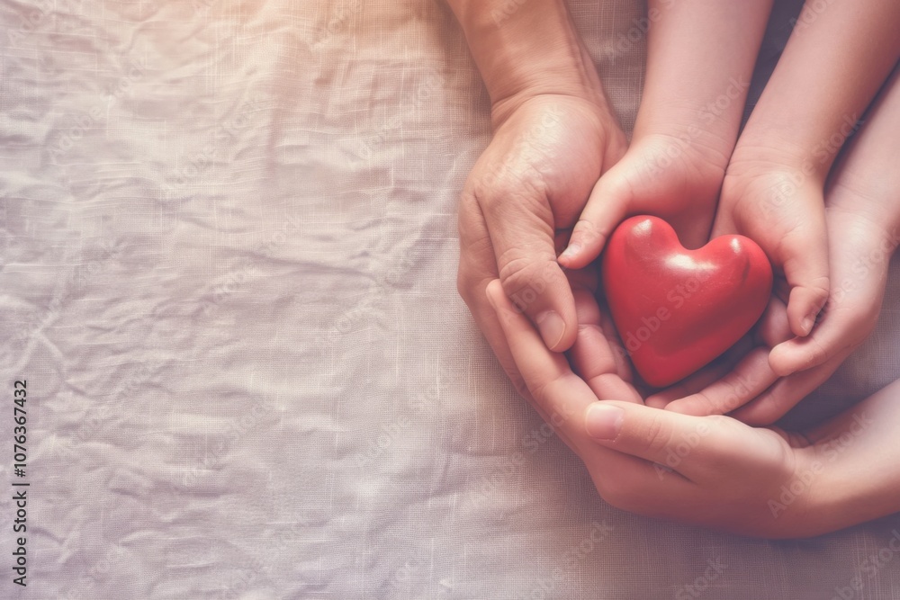 Hands of family members gently cradle a vibrant red heart, symbolizing their commitment to heart health and community support during awareness campaigns. Hands of family members gently cradle a vibrant red heart, symbolizing their commitment to heart health and community support during awareness campaigns.
