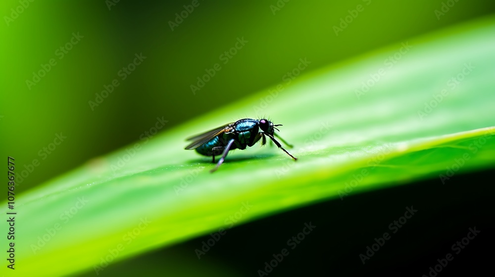 A Vibrant Green Fly on a Lush Leaf A Vibrant Green Fly on a Lush Leaf