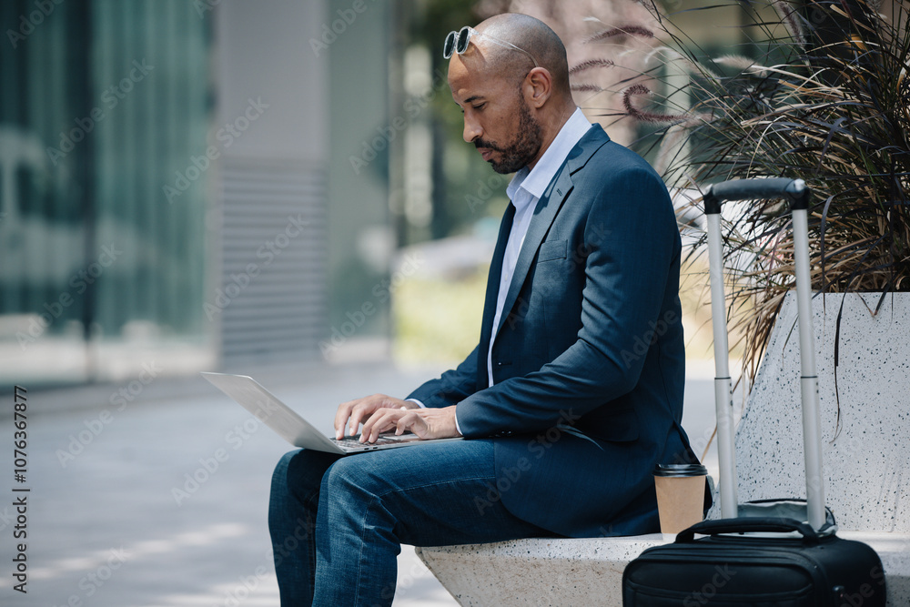 Businessman working on laptop near suitcase Businessman working on laptop near suitcase