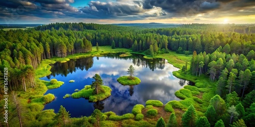 Aerial View of a Lush Rainforest Featuring a Serene Swamp or Lake Surrounded by Pine Trees and Vibrant Green Grass Illustrating Nature's Bounty and Biodiversity