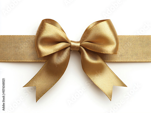 Decorative shiny atlas yellow ribbon with bow isolated on white background. gold band satin strip for Valentine's, birthday gift. Wrapping for Christmas party, Father's, Women's day gift. photo