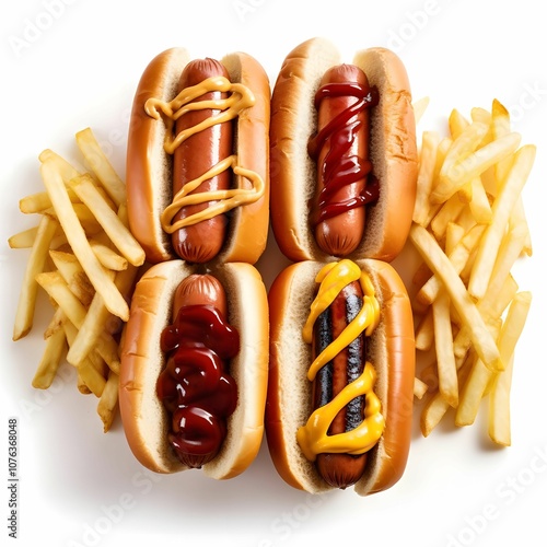 Four Hot Dogs with Mustard and Ketchup