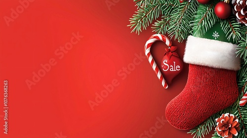 Red and green â€œChristmas Saleâ€ poster with a cozy fireplace and holiday decorations. photo