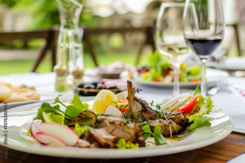 Savor a beautifully arranged plate featuring gourmet meat, vibrant greens, and fresh vegetables, complemented by a glass of wine on a sunlit outdoor table. Savor a beautifully arranged plate featuring gourmet meat, vibrant greens, and fresh vegetables, complemented by a glass of wine on a sunlit outdoor table.