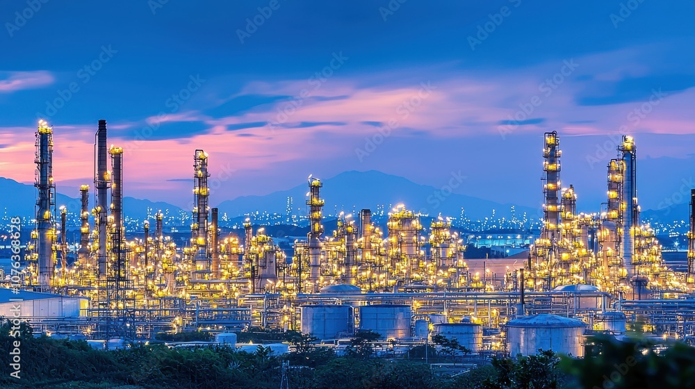 Fototapeta premium Explore the intricate design and functionality of a sprawling petroleum refinery surrounded by a vibrant skyline