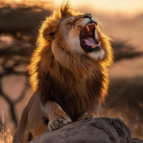 Majestic Lion Roaring at Sunset in the Savannah photo