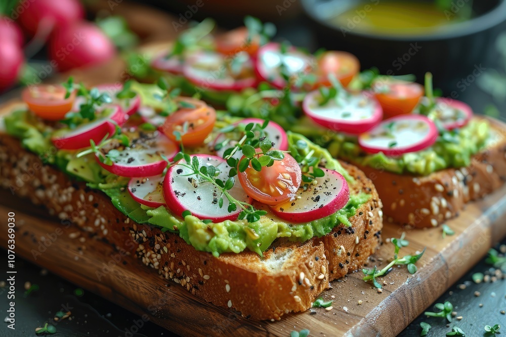 Toasted Bread with Avocado, Radish, Tomato and Microgreens Toasted Bread with Avocado, Radish, Tomato and Microgreens