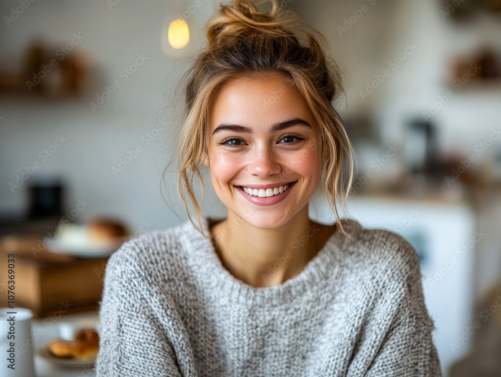 Happy Woman Enjoying Meal with Warm Smile, Cozy Setting, Positive Emotion Happy Woman Enjoying Meal with Warm Smile, Cozy Setting, Positive Emotion