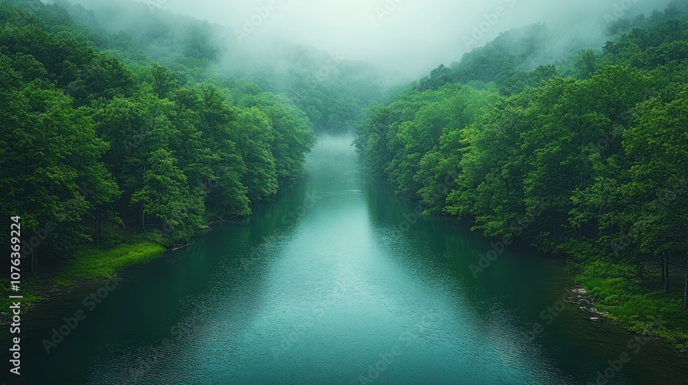 Serene river winding through lush green forest in misty atmosphere. Serene river winding through lush green forest in misty atmosphere.
