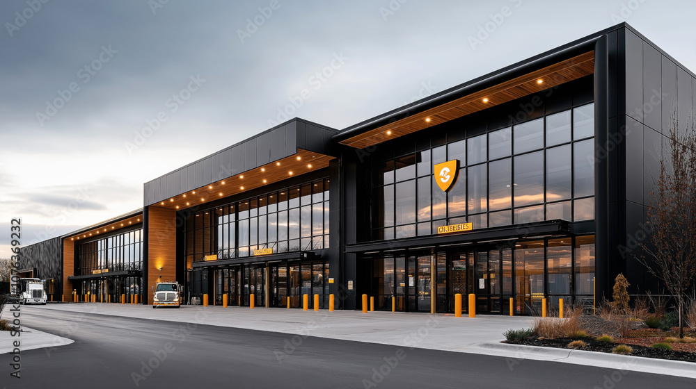 Modern warehouse distribution center with glass facade and trucks parked outside under cloudy sky Modern warehouse distribution center with glass facade and trucks parked outside under cloudy sky