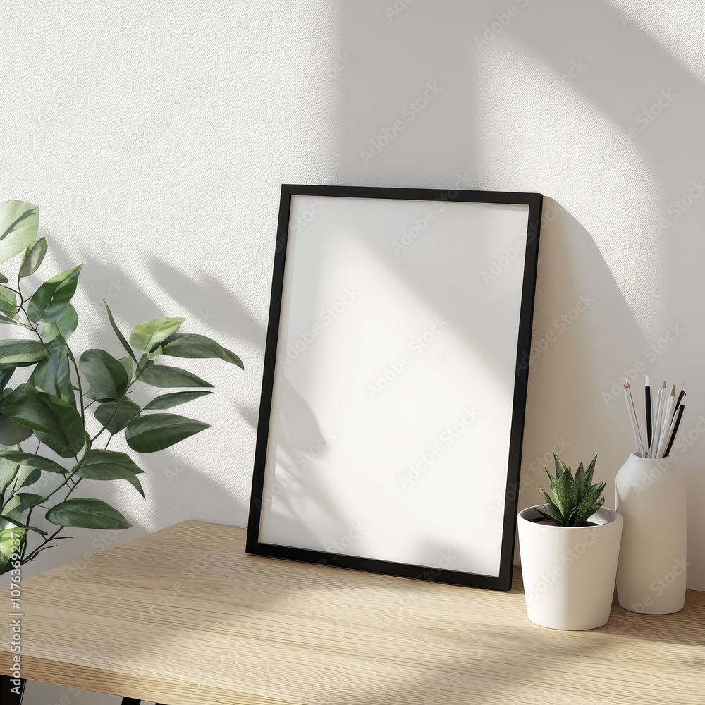 Blank A4 Frame Mockup on Wooden Desk with Plants and Sunlight Blank A4 Frame Mockup on Wooden Desk with Plants and Sunlight